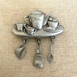 J.J. Jonette Jewelry Pewter Tea Set Brooch